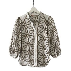 NEW Maison Common Linen Eyelet Puff Sleeve Blouse Size 34 US XS